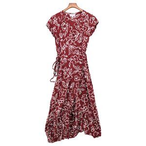 XIX Palms Maxi Wrap Dress Womens Red Floral Cap Sleeve Hawaiian Resort Size M